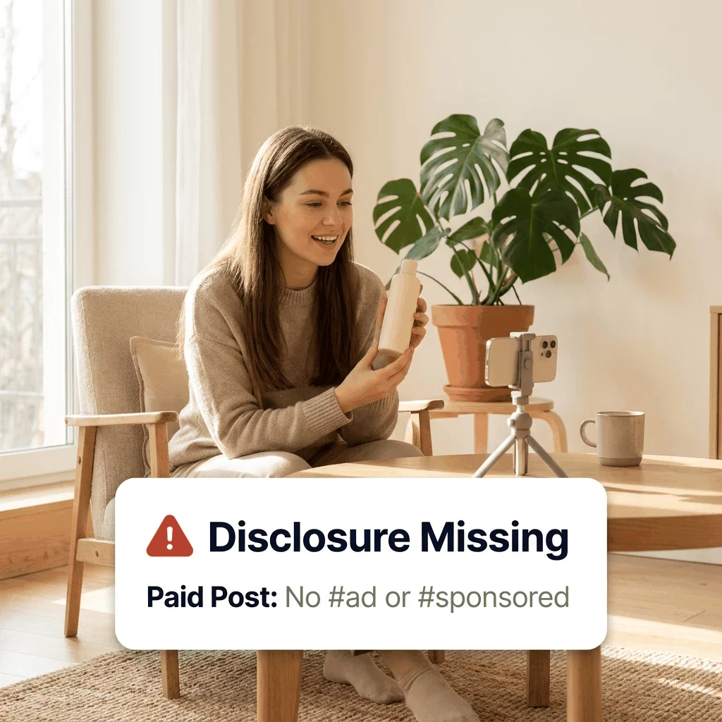 Creator filming a paid product video, with an on-screen alert showing a missing #ad or #sponsored disclosure